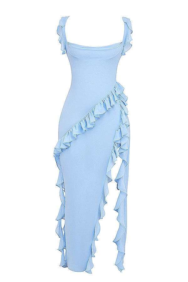 Vestido Largo con Volantes y Abertura Lateral – Estilo Sofisticado