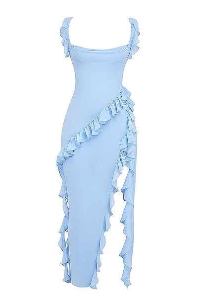 Vestido Largo con Volantes y Abertura Lateral – Estilo Sofisticado