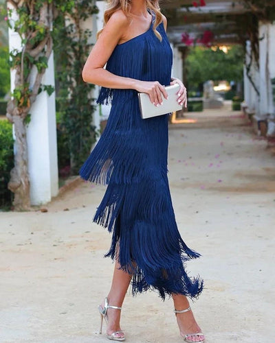Vestido Largo Asimétrico con Flecos – Azul Noche