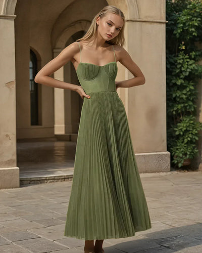 Vestido Midi Verde Plisado con Tirantes Finos