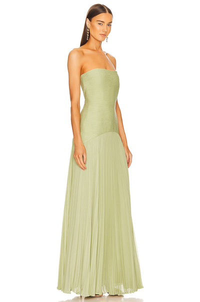 Vestido Largo Strapless con Falda Plisada – Verde Suave