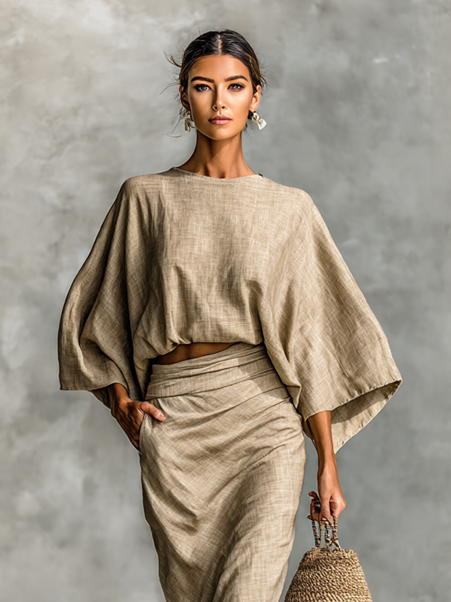 Conjunto de Lino Beige – Top Oversize y Falda Drapéada