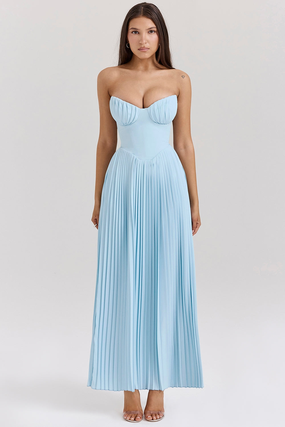 Vestido Largo Strapless Plisado con Corset – Azul Cielo