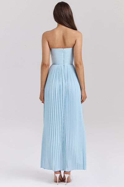 Vestido Largo Strapless Plisado con Corset – Azul Cielo