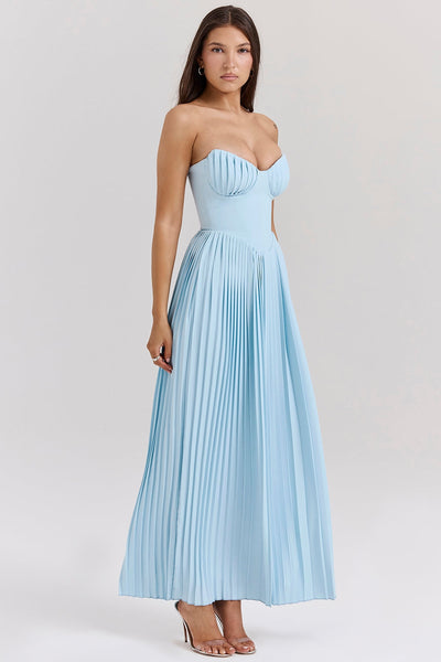 Vestido Largo Strapless Plisado con Corset – Azul Cielo