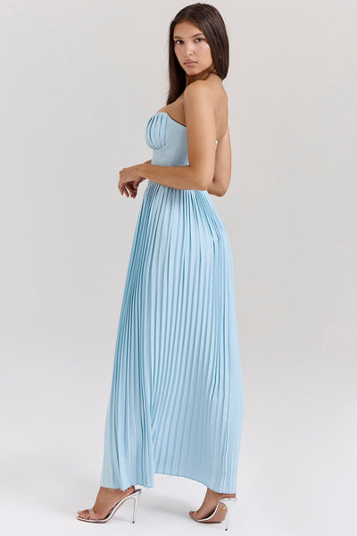 Vestido Largo Strapless Plisado con Corset – Azul Cielo