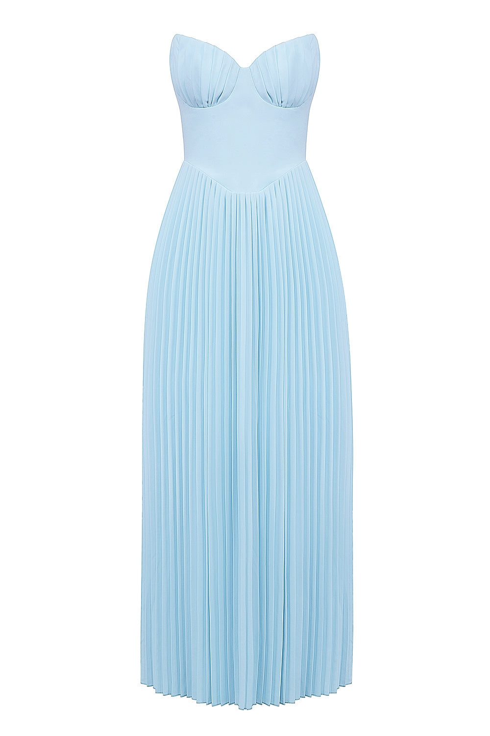 Vestido Largo Strapless Plisado con Corset – Azul Cielo