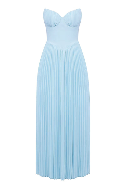 Vestido Largo Strapless Plisado con Corset – Azul Cielo