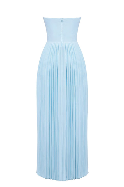 Vestido Largo Strapless Plisado con Corset – Azul Cielo