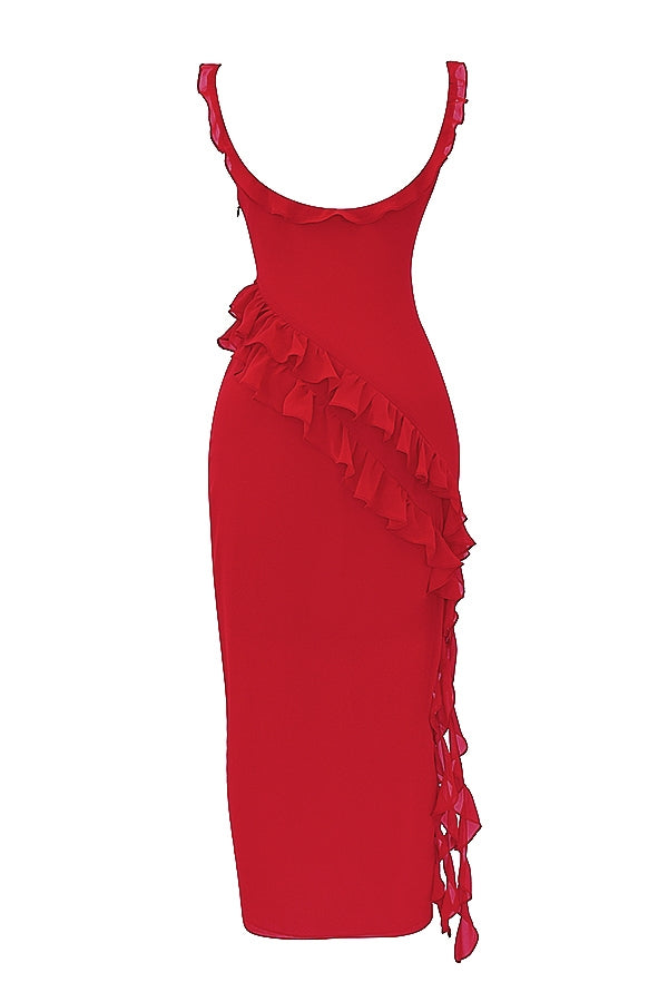 Vestido Largo con Volantes y Abertura Lateral – Estilo Sofisticado